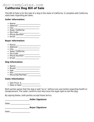 Legal  Dog Bill of Sale Form for California
