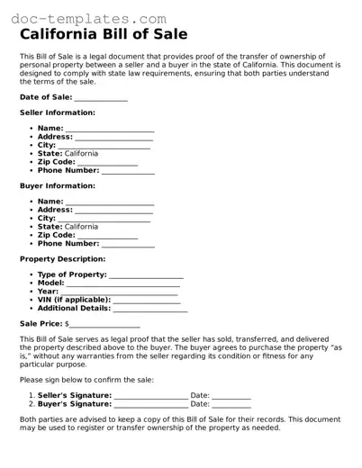 Legal  Bill of Sale Form for California
