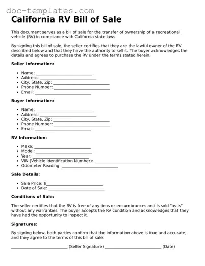 Legal  RV Bill of Sale Form for California