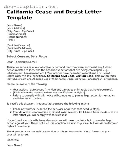 Legal  Cease and Desist Letter Form for California