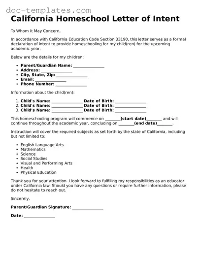 Legal  Homeschool Letter of Intent Form for California