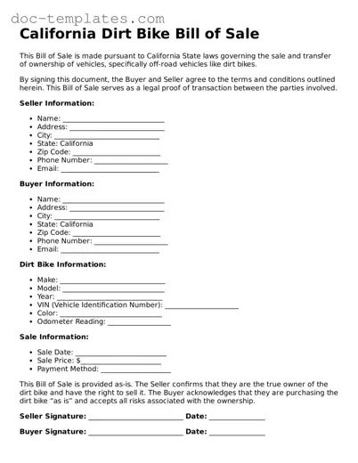 Legal  Dirt Bike Bill of Sale Form for California