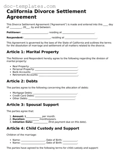 Legal  Divorce Settlement Agreement Form for California