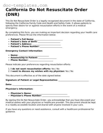 Legal  Do Not Resuscitate Order Form for California