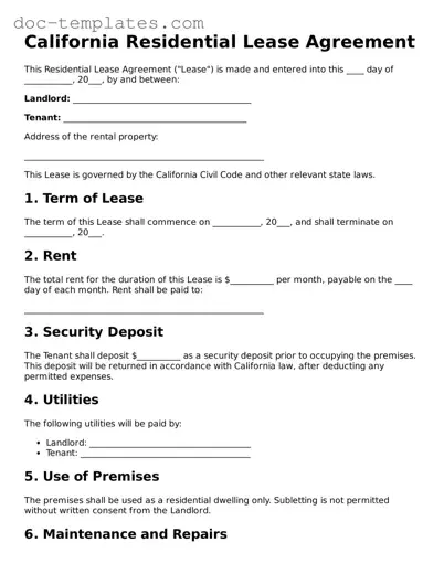 Legal  Residential Lease Agreement Form for California