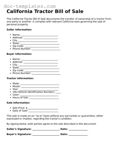 Legal  Tractor Bill of Sale Form for California