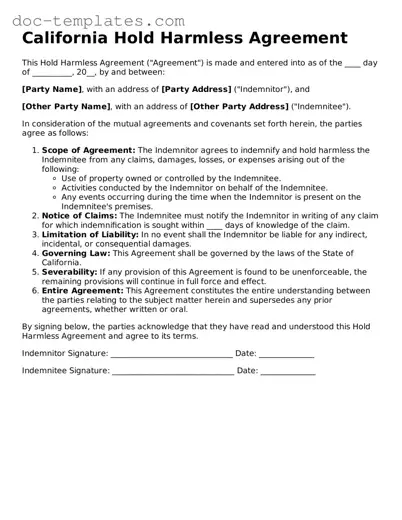 Legal  Hold Harmless Agreement Form for California