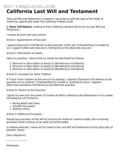 Legal  Last Will and Testament Form for California