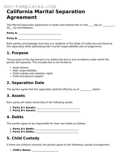 Legal  Marital Separation Agreement Form for California