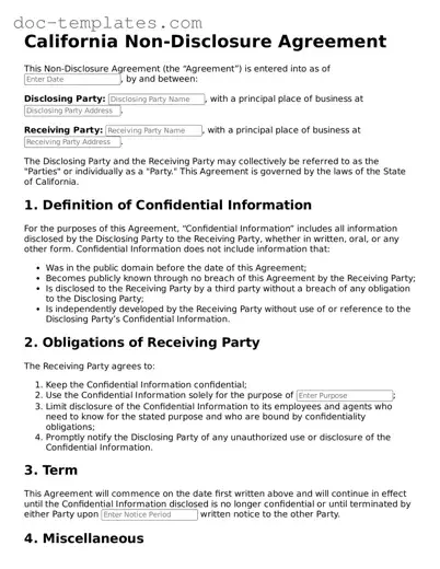 Legal  Non-disclosure Agreement Form for California
