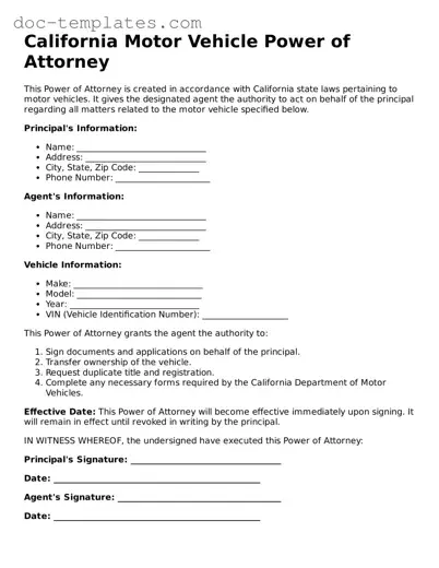 Legal  Motor Vehicle Power of Attorney Form for California