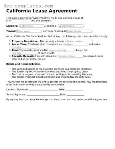 Legal  Lease Agreement Form for California