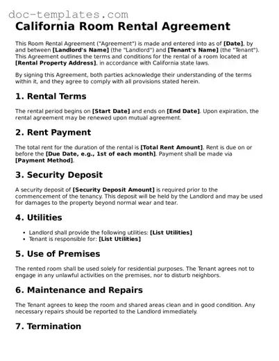 Legal  Room Rental Agreement Form for California