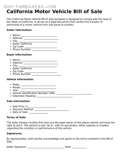 Legal  Motor Vehicle Bill of Sale Form for California
