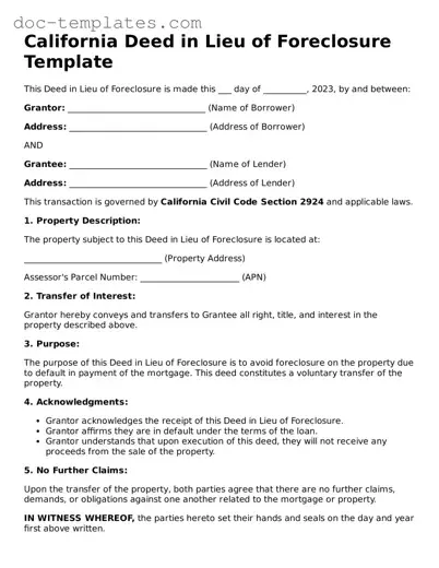 Legal  Deed in Lieu of Foreclosure Form for California