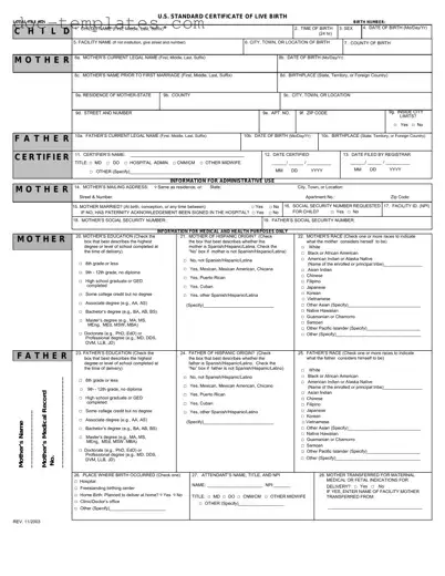 Download CDC U.S. Standard Certificate of Live Birth Template