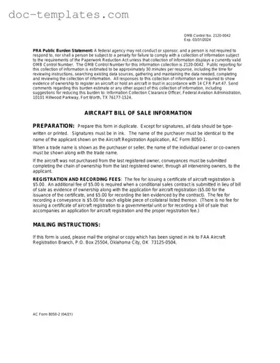 Download Aircraft Bill of Sale AC 8050-2 Template