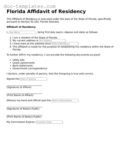 Legal  Affidavit of Residency Form for Florida