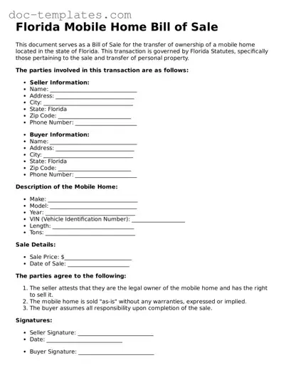 Legal  Mobile Home Bill of Sale Form for Florida