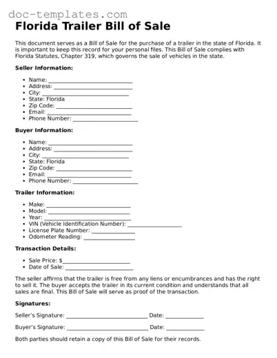 Legal  Trailer Bill of Sale Form for Florida