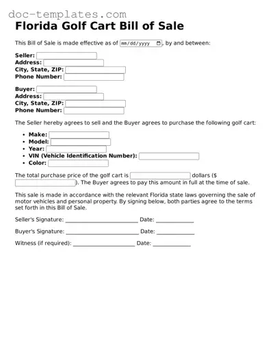 Legal  Golf Cart Bill of Sale Form for Florida