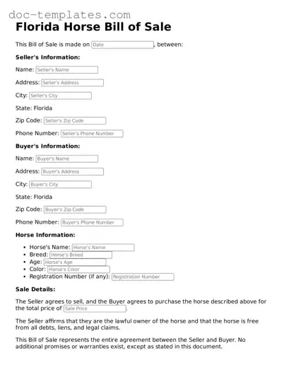 Legal  Horse Bill of Sale Form for Florida