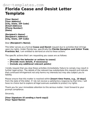 Legal  Cease and Desist Letter Form for Florida
