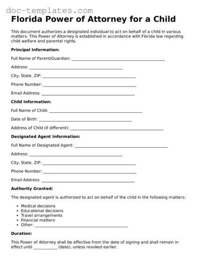 Legal  Power of Attorney for a Child Form for Florida