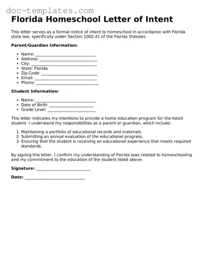 Legal  Homeschool Letter of Intent Form for Florida