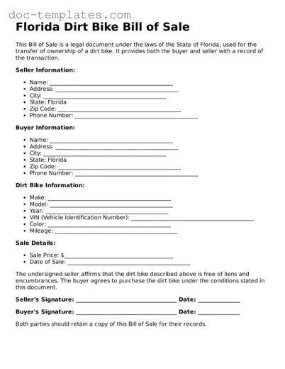 Legal  Dirt Bike Bill of Sale Form for Florida