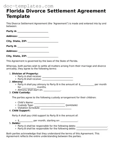 Legal  Divorce Settlement Agreement Form for Florida