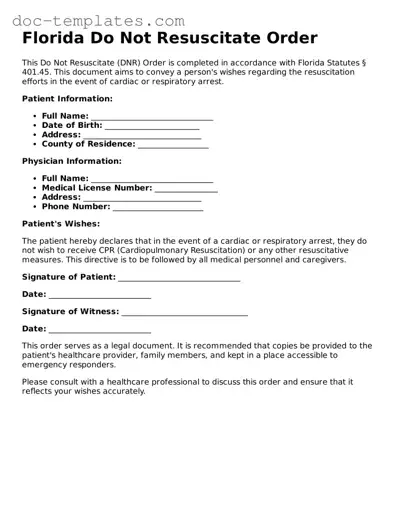 Legal  Do Not Resuscitate Order Form for Florida