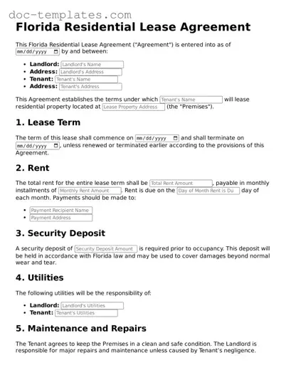 Legal  Residential Lease Agreement Form for Florida