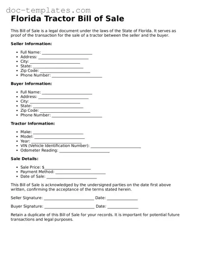 Legal  Tractor Bill of Sale Form for Florida