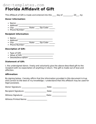 Legal  Affidavit of Gift Form for Florida