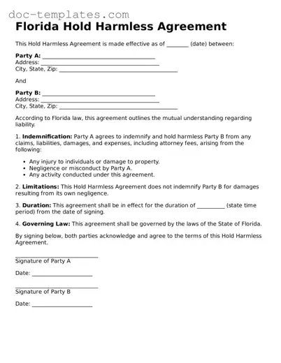 Legal  Hold Harmless Agreement Form for Florida