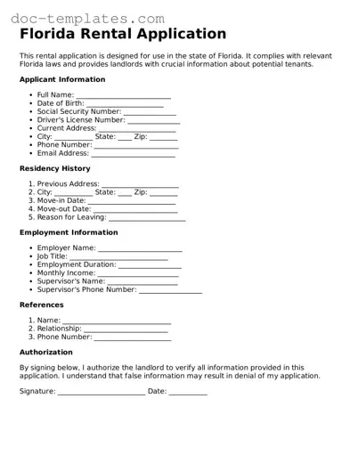 Legal  Rental Application Form for Florida