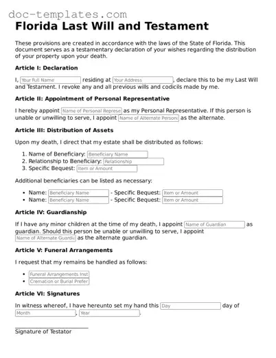 Legal  Last Will and Testament Form for Florida