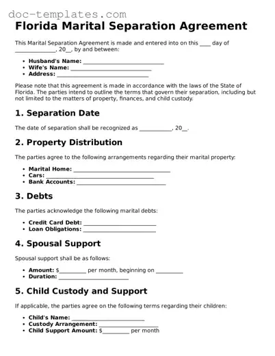 Legal  Marital Separation Agreement Form for Florida
