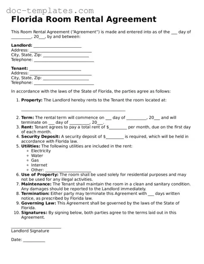 Legal  Room Rental Agreement Form for Florida
