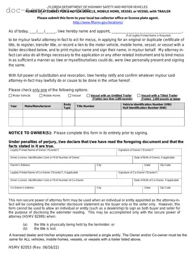 Download Florida Vehicle POA form 82053 Template
