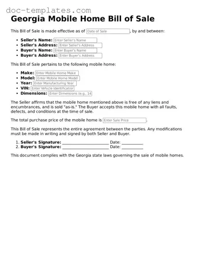 Legal  Mobile Home Bill of Sale Form for Georgia