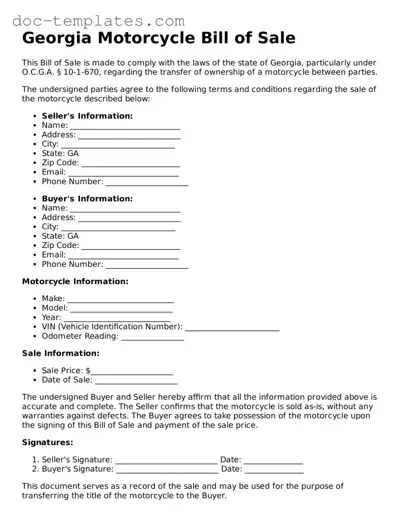 Legal  Motorcycle Bill of Sale Form for Georgia