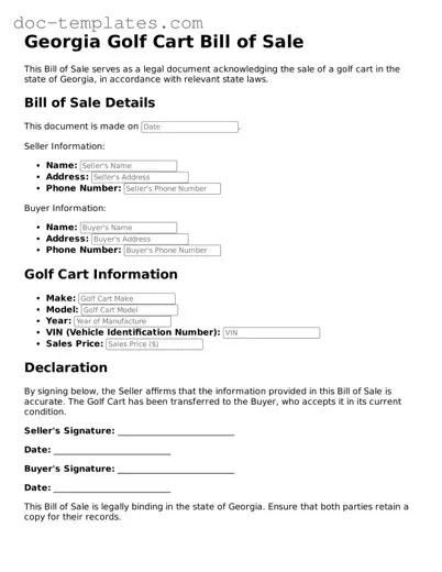 Legal  Golf Cart Bill of Sale Form for Georgia