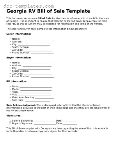 Legal  RV Bill of Sale Form for Georgia