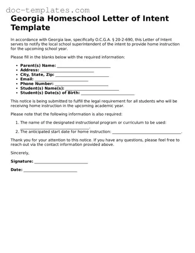 Legal  Homeschool Letter of Intent Form for Georgia