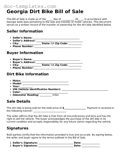Legal  Dirt Bike Bill of Sale Form for Georgia