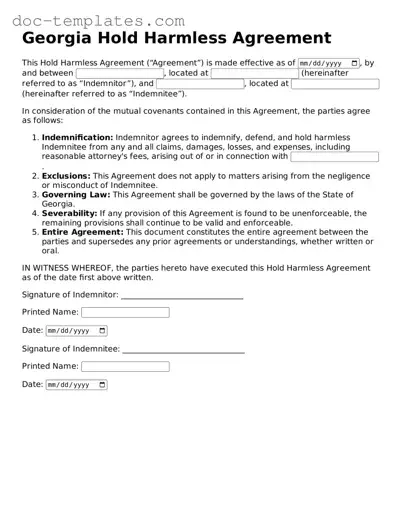 Legal  Hold Harmless Agreement Form for Georgia