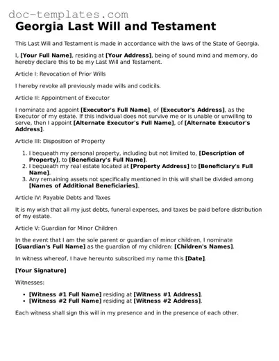 Legal  Last Will and Testament Form for Georgia
