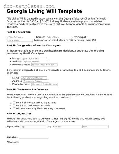 Legal  Living Will Form for Georgia